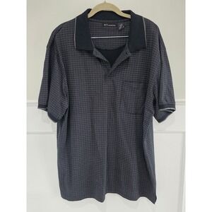 KT Classics Mens Large Polo Shirt Navy Blue Grey Geometric Grid Short Sleeve L